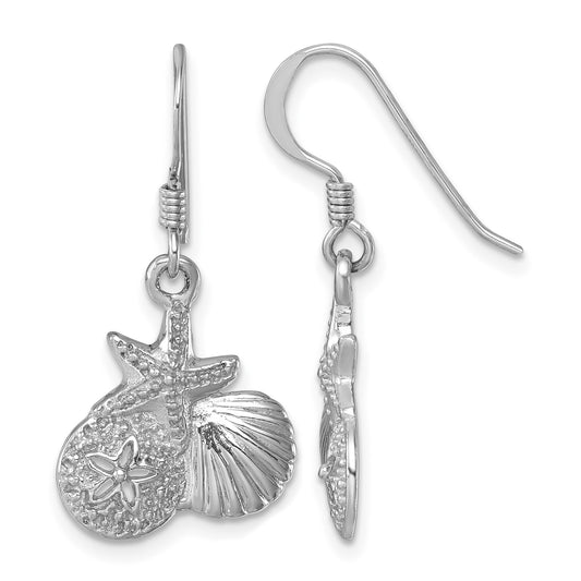 Sterling Silver Rhodium-plated Polished Starfish, Sand Dollar & Shell Dangle Earring