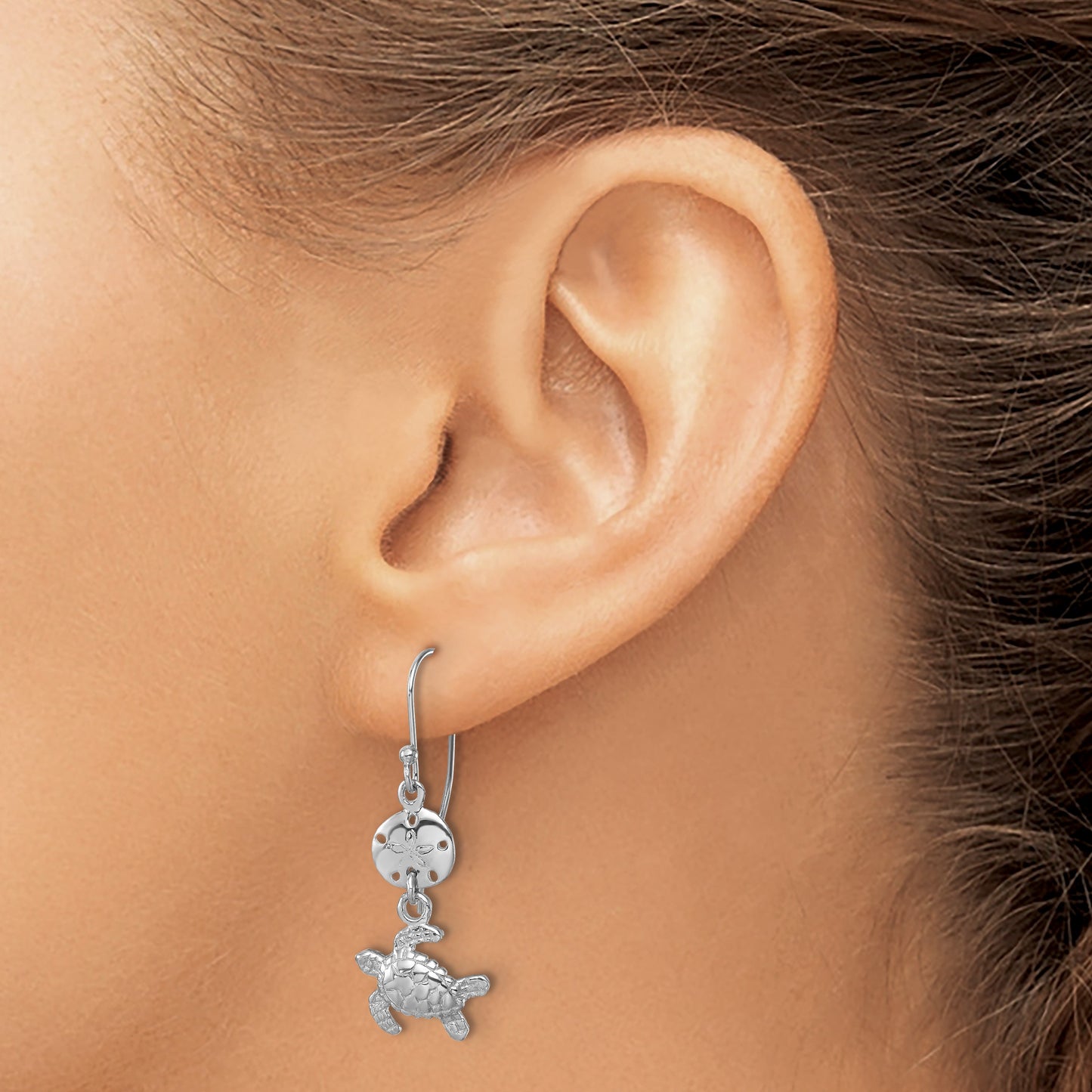 Sterling Silver Rhodium-plated Polished Sand Dollar and Swimming Turtle Pendant