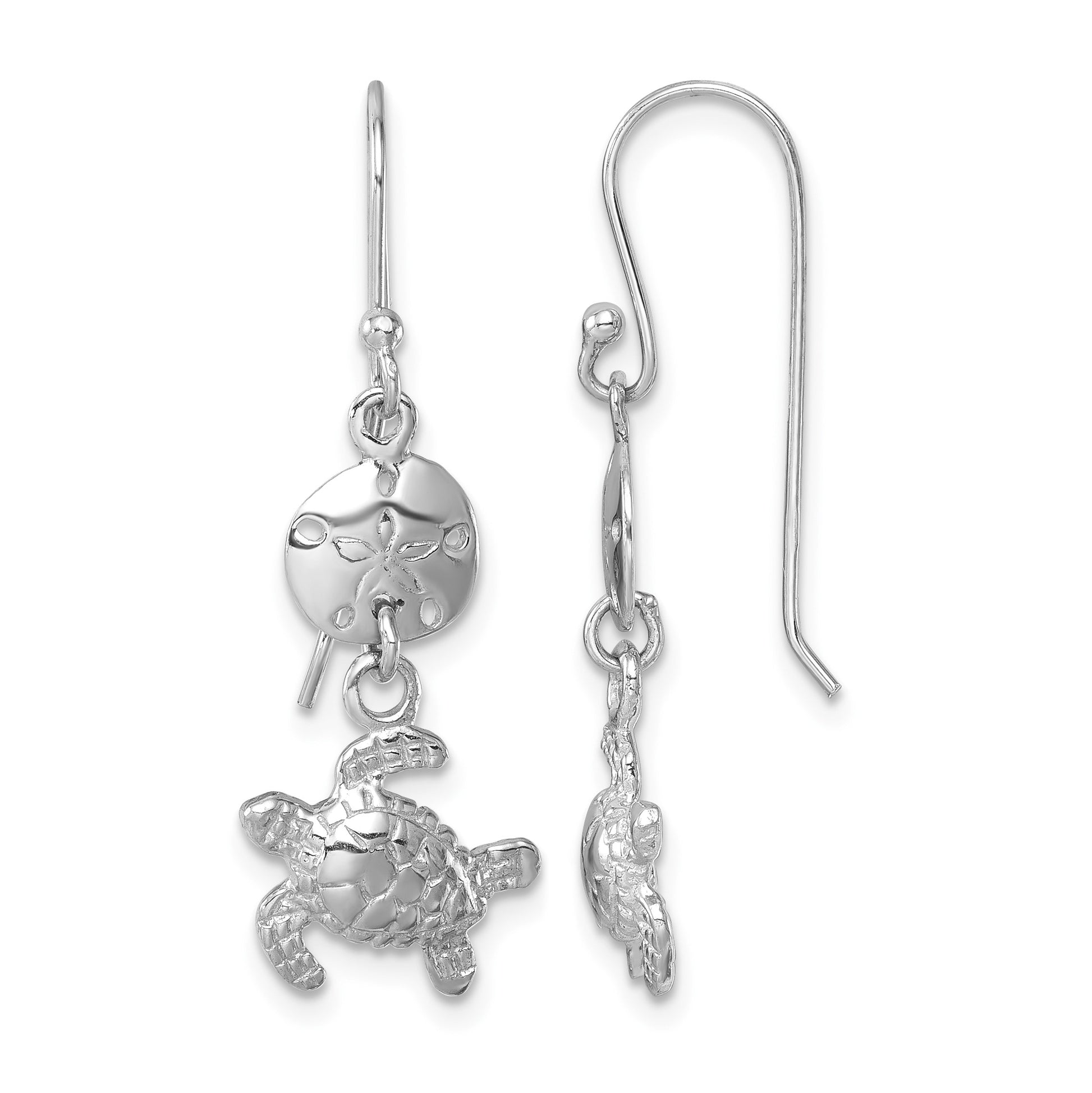 Sterling Silver Rhodium-plated Polished Sand Dollar and Swimming Turtle Pendant