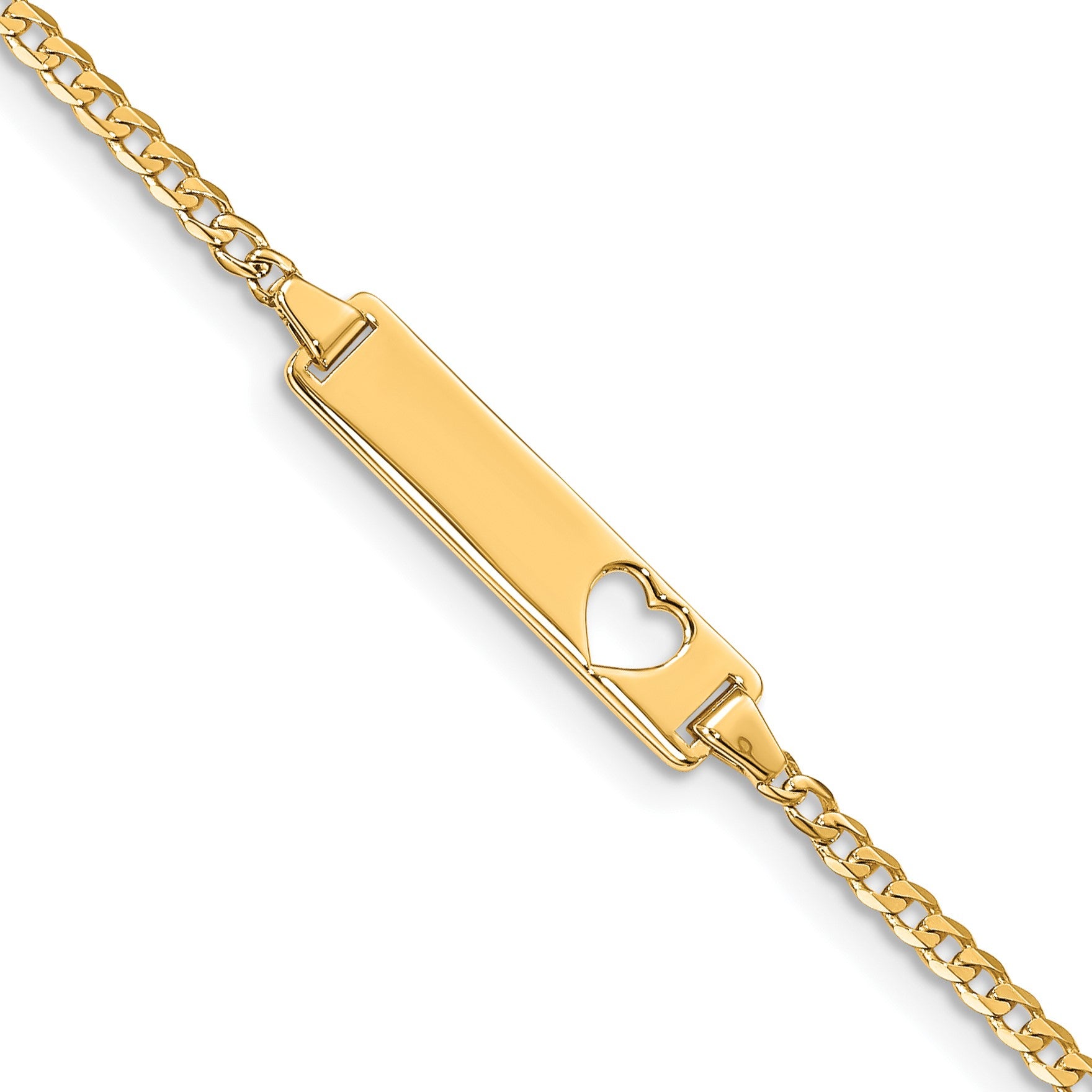 14k Polished Solid Chain/Solid Plate Curb Link Cut-out Heart 20x5mm Plate 8 inch ID Bracelet