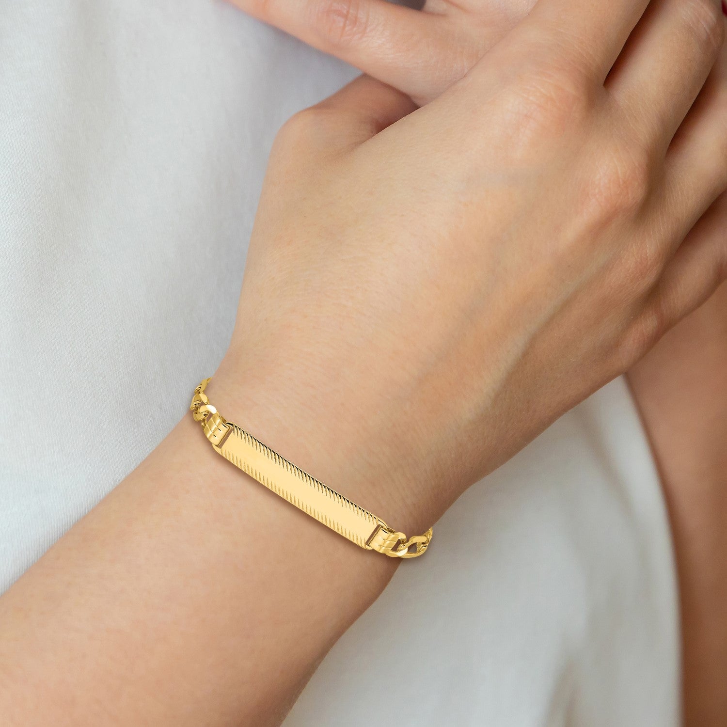 14k Polished Solid Chain/Solid Plate Figaro Link Diamond-cut 39x8mm Plate 7 inch ID Bracelet