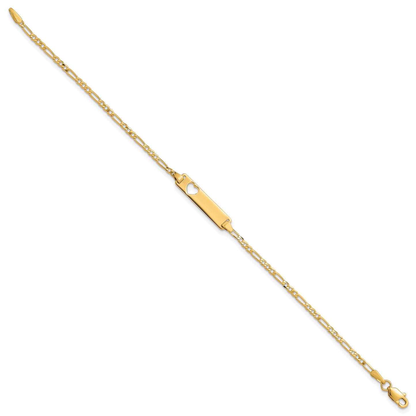 14k Polished Solid Chain/Solid Plate Figaro Link Cut-out Heart 20x5mm Plate 7 inch ID Bracelet