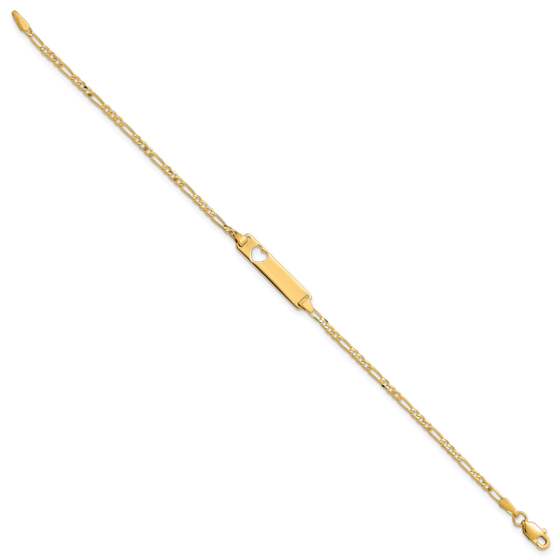 14k Polished Solid Chain/Solid Plate Figaro Link Cut-out Heart 20x5mm Plate 7 inch ID Bracelet