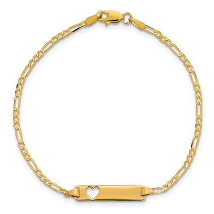 14k Polished Solid Chain/Solid Plate Figaro Link Cut-out Heart 20x5mm Plate 8 inch ID Bracelet