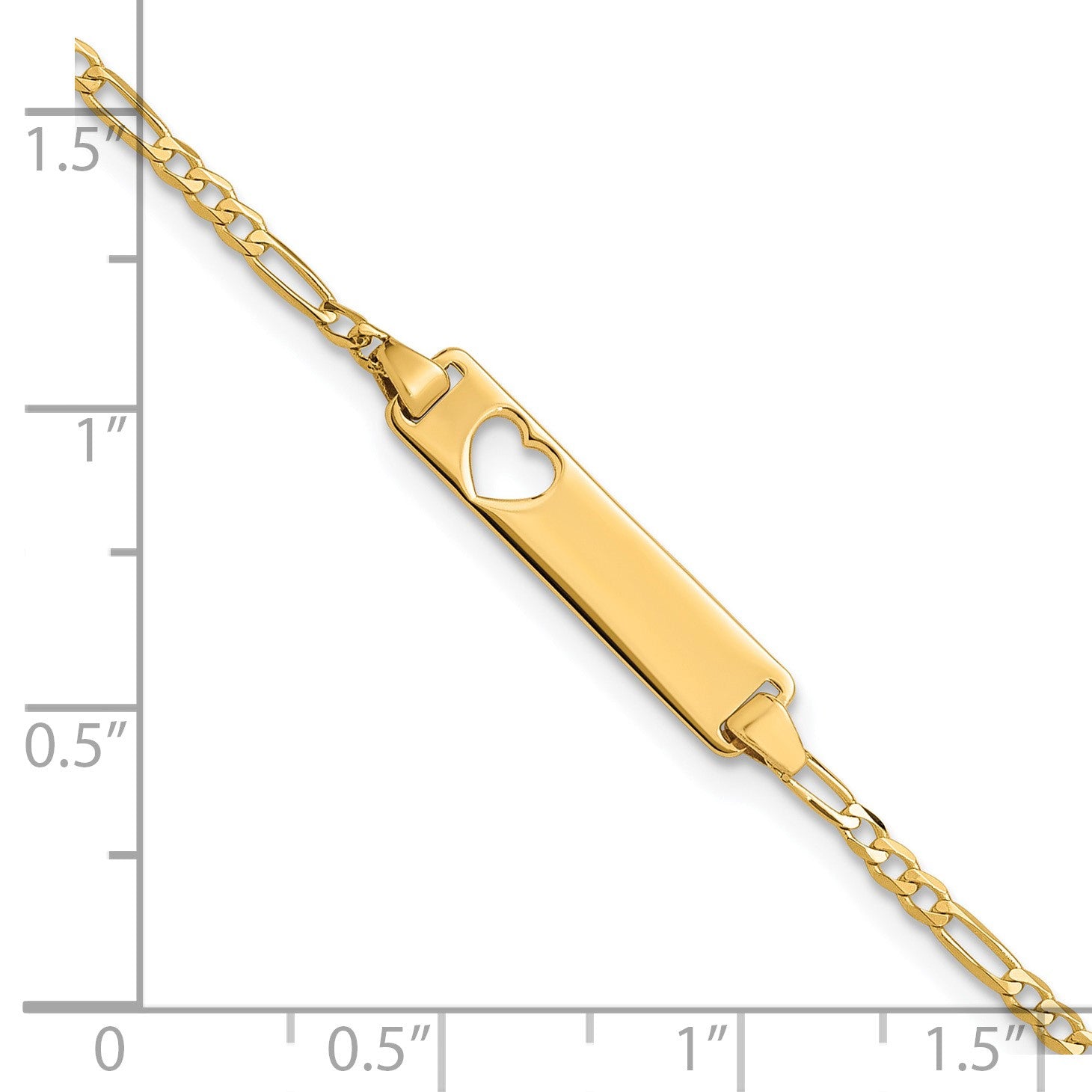 14k Polished Solid Chain/Solid Plate Figaro Link Cut-out Heart 20x5mm Plate 7 inch ID Bracelet
