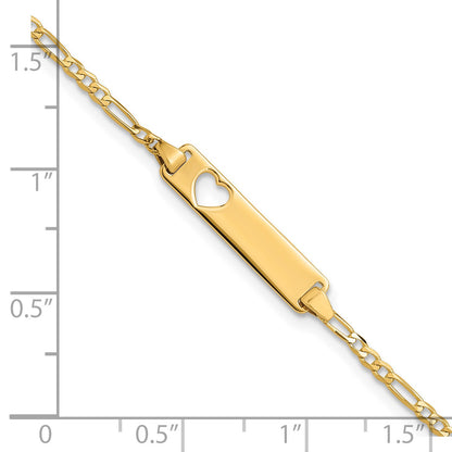 14k Polished Solid Chain/Solid Plate Figaro Link Cut-out Heart 20x5mm Plate 7 inch ID Bracelet