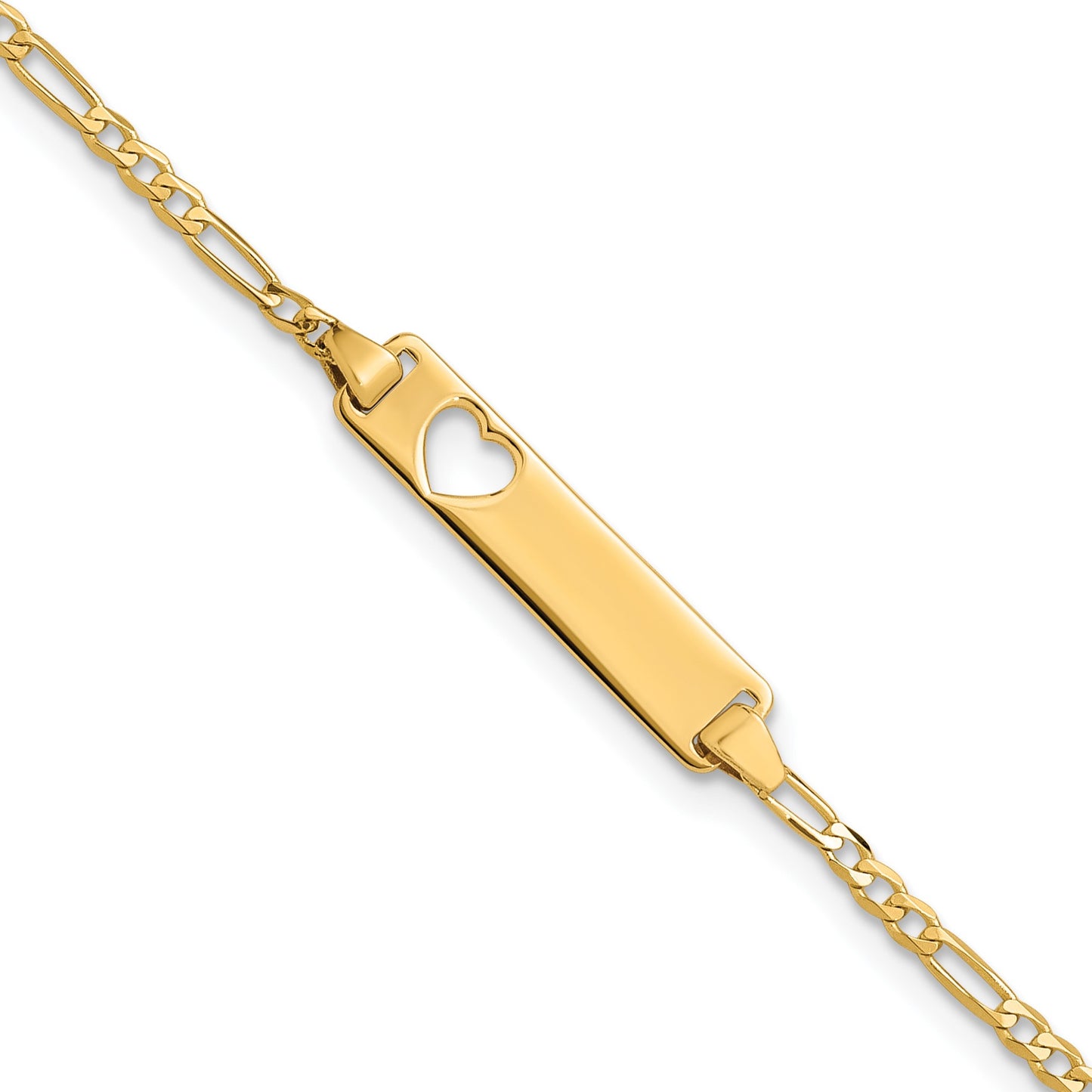 14k Polished Solid Chain/Solid Plate Figaro Link Cut-out Heart 20x5mm Plate 7 inch ID Bracelet