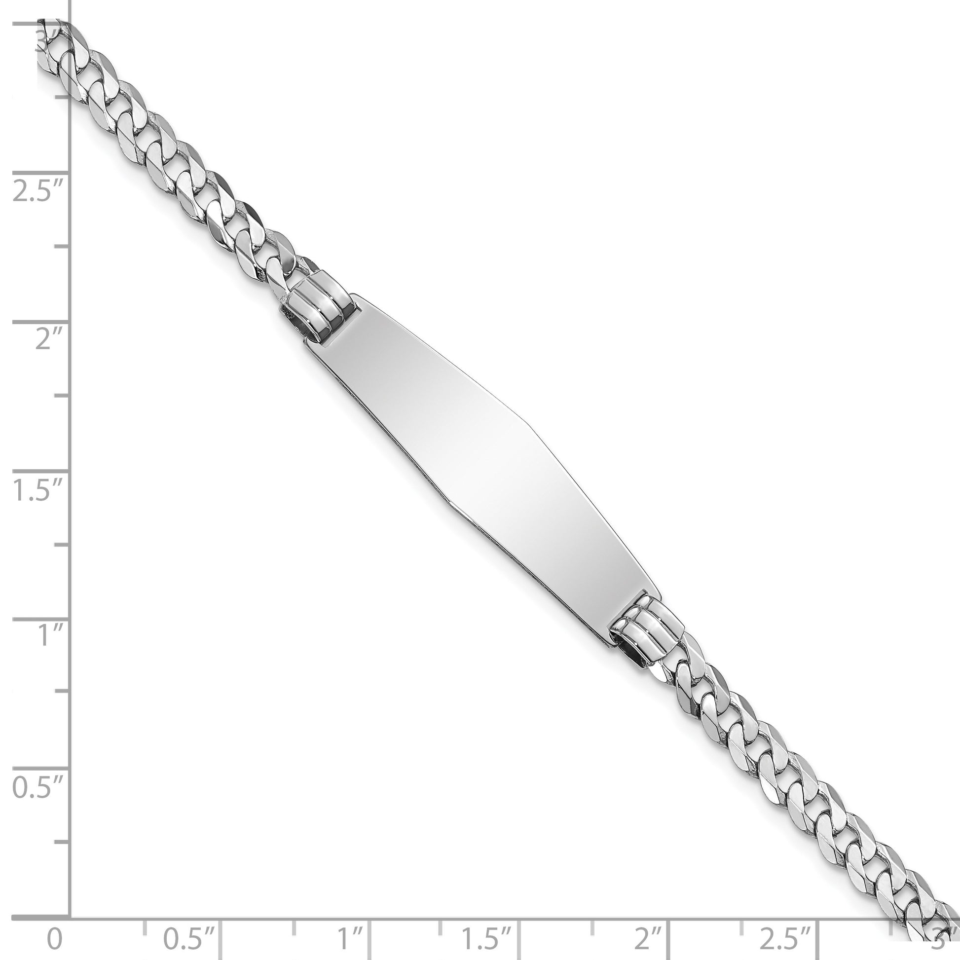 14k White Gold Polished Solid Chain/Solid Plate Flat Curb Link Soft Diamond Shape 33x10mm Plate 7 inch ID Bracelet