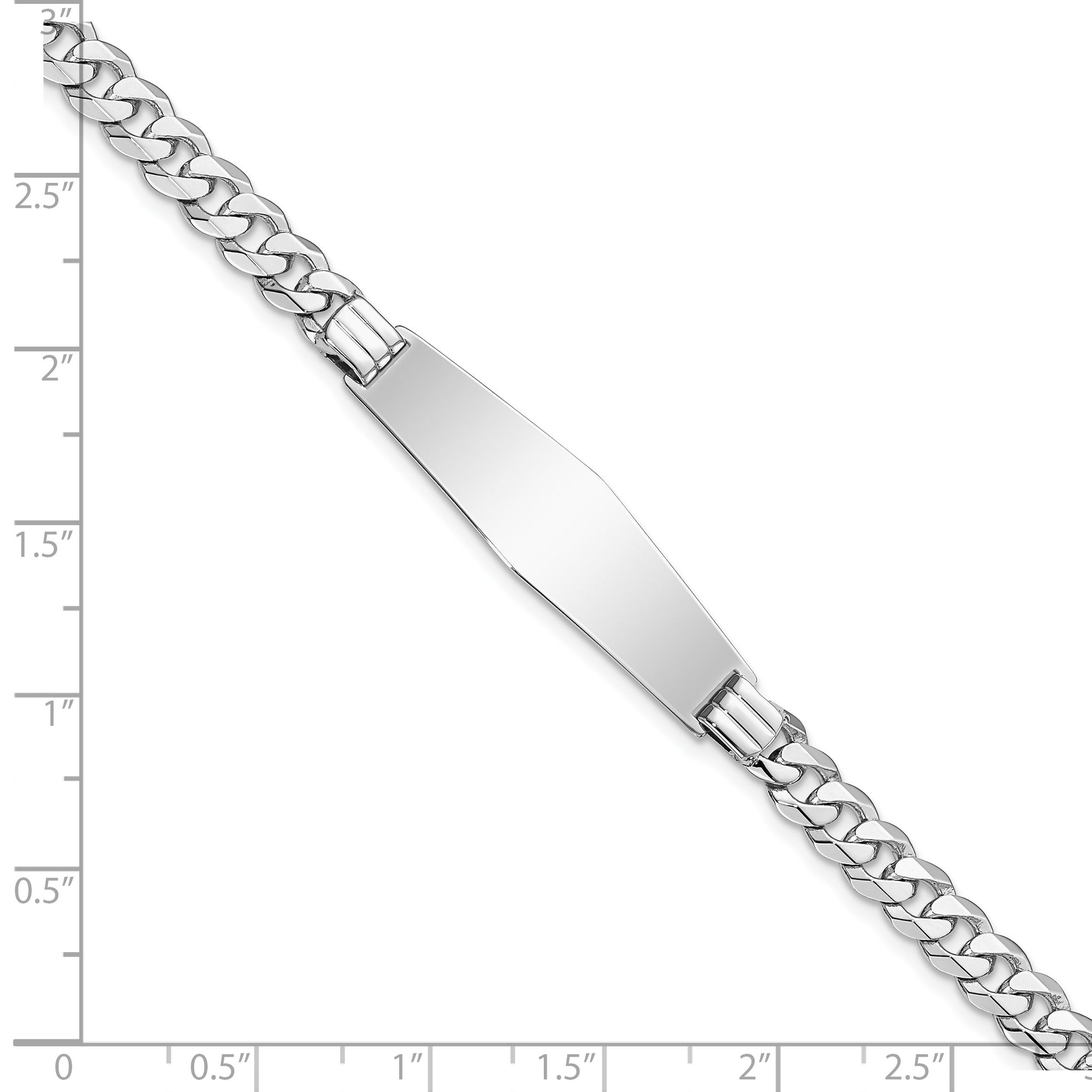 14k White Gold Polished Solid Chain/Solid Plate Flat Curb Link Soft Diamond Shape 33x10mm Plate 7 inch ID Bracelet