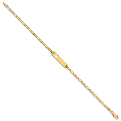 14k Polished Solid Chain/Solid Plate Figaro Link Cut-out Heart 20x5mm Plate 7 inch ID Bracelet