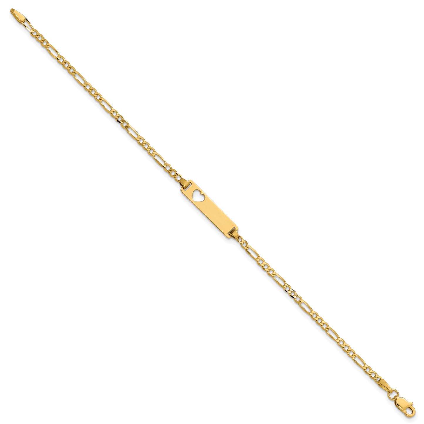 14k Polished Solid Chain/Solid Plate Figaro Link Cut-out Heart 20x5mm Plate 8 inch ID Bracelet