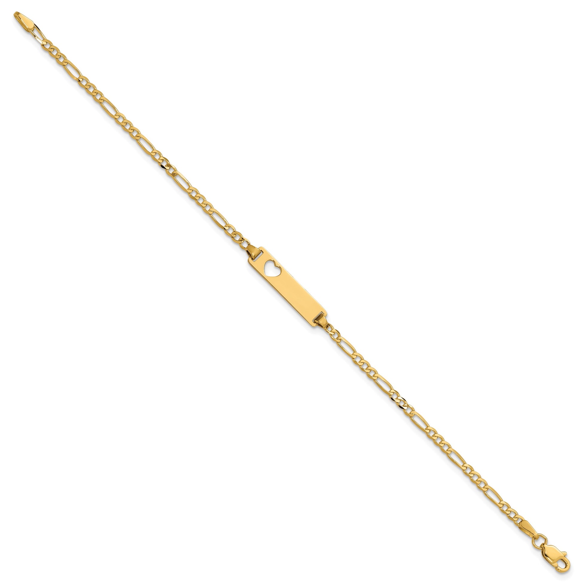 14k Polished Solid Chain/Solid Plate Figaro Link Cut-out Heart 20x5mm Plate 8 inch ID Bracelet