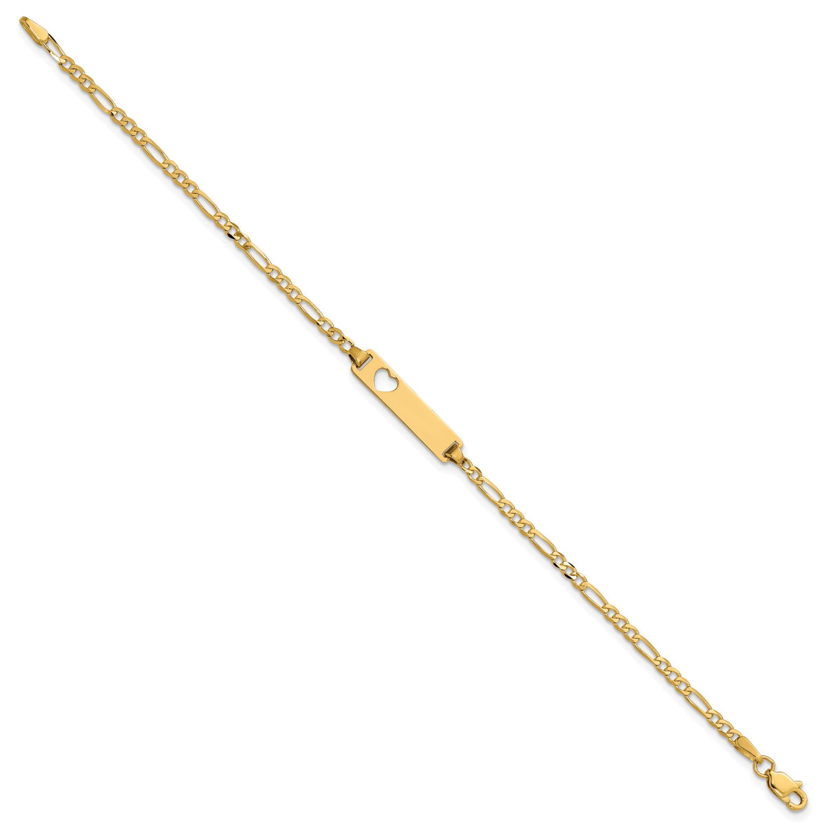 14k Polished Solid Chain/Solid Plate Figaro Link Cut-out Heart 20x5mm Plate 8 inch ID Bracelet