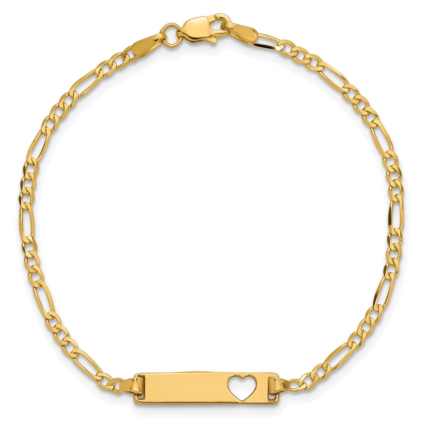 14k Polished Solid Chain/Solid Plate Figaro Link Cut-out Heart 20x5mm Plate 8 inch ID Bracelet