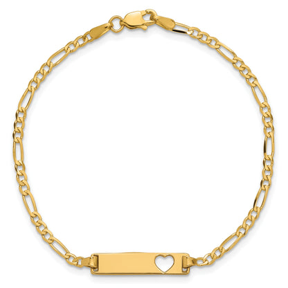 14k Polished Solid Chain/Solid Plate Figaro Link Cut-out Heart 20x5mm Plate 8 inch ID Bracelet