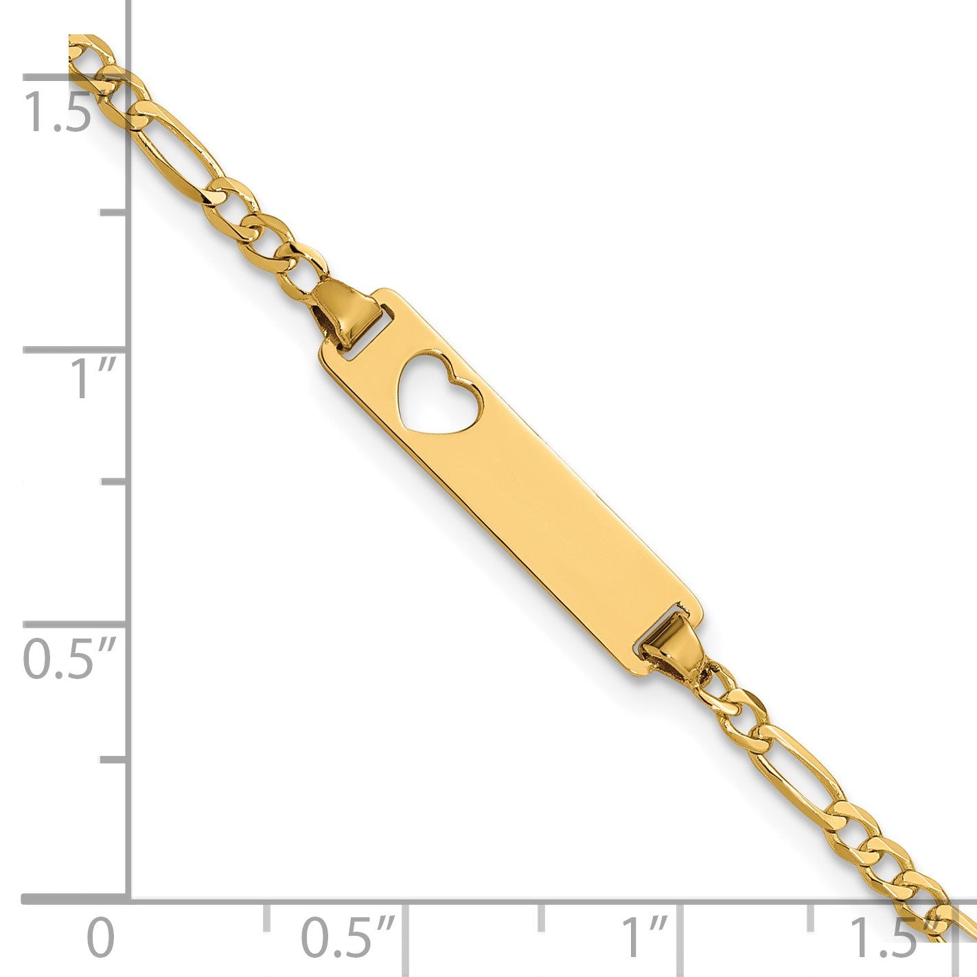 14k Polished Solid Chain/Solid Plate Figaro Link Cut-out Heart 20x5mm Plate 8 inch ID Bracelet