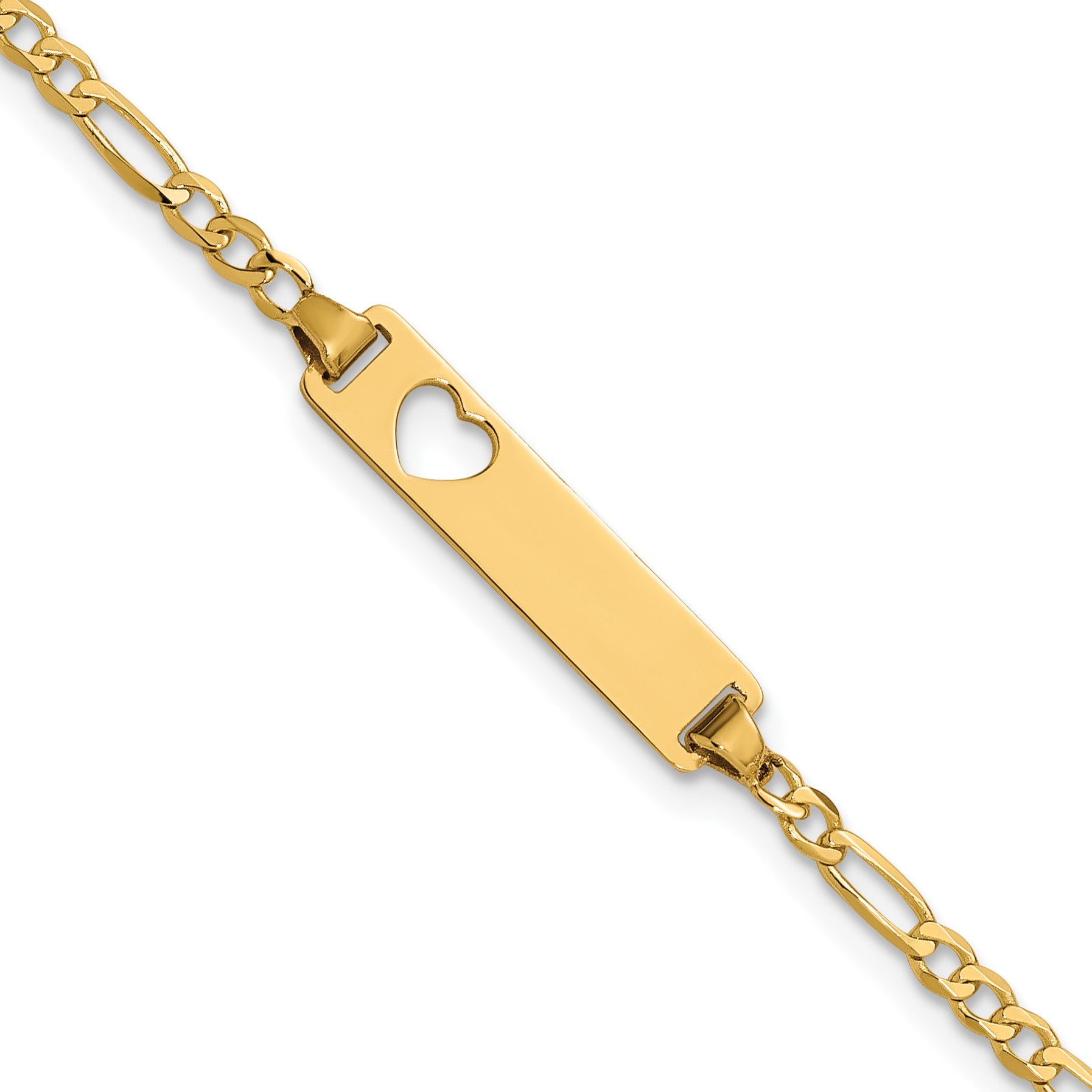 14k Polished Solid Chain/Solid Plate Figaro Link Cut-out Heart 20x5mm Plate 8 inch ID Bracelet