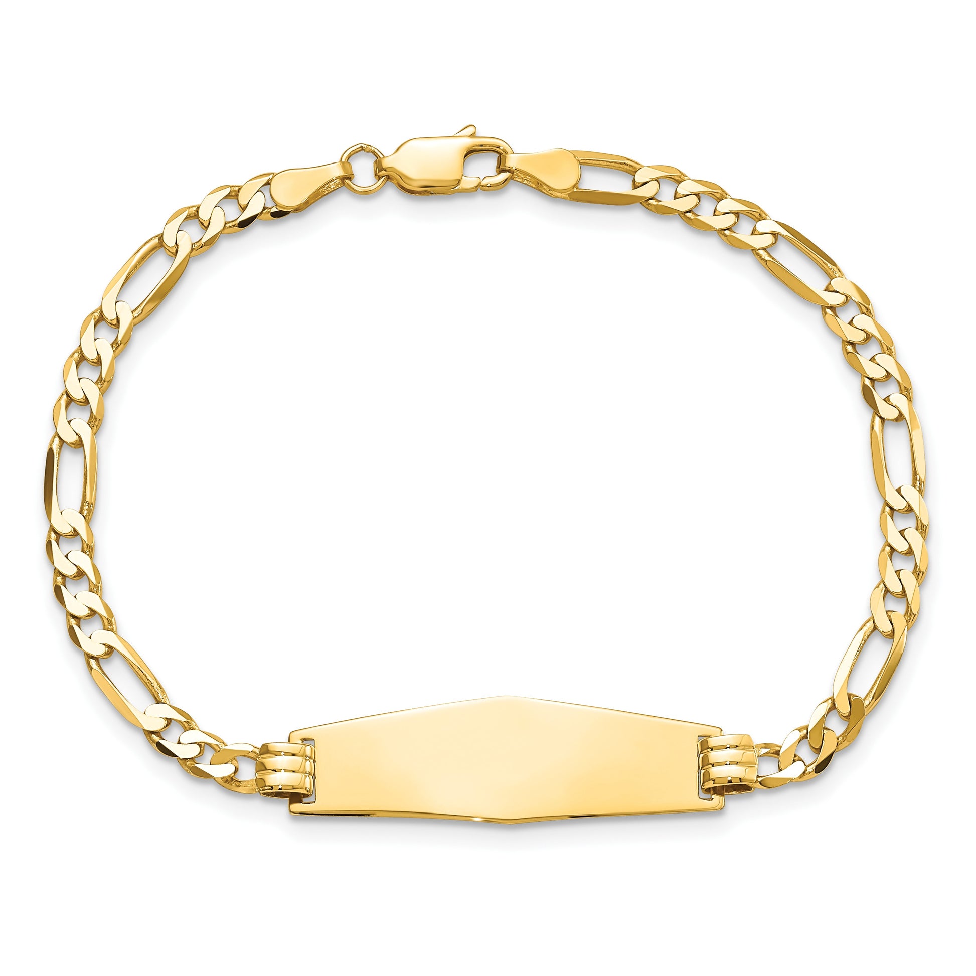 14k Polished Solid Chain/Solid Plate Flat Figaro Link Soft Diamond Shape 28x9.5mm Plate 7 inch ID Bracelet
