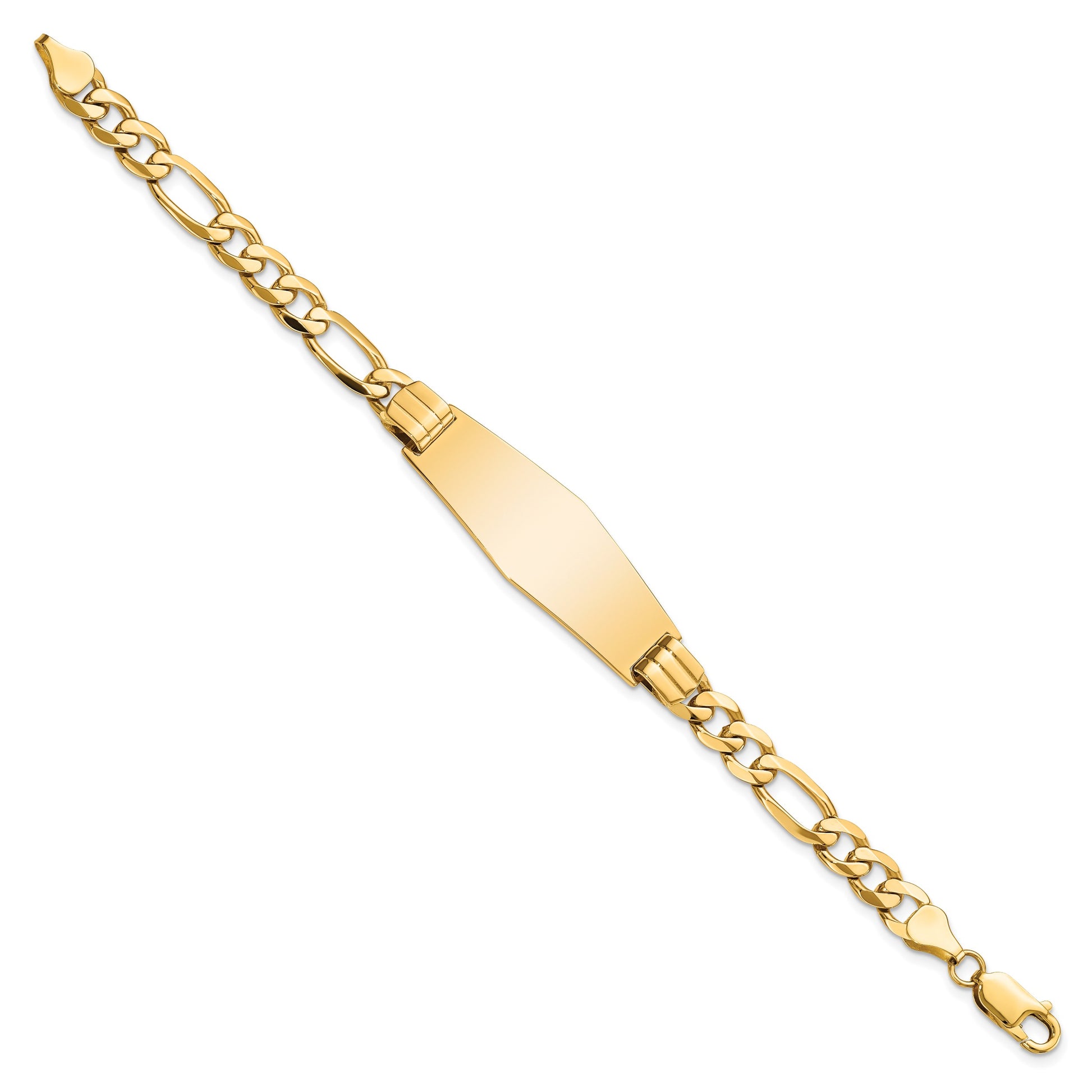 14k Polished Solid Chain/Solid Plate Flat Figaro Link Soft Diamond Shape 37x13.5mm Plate 7 inch ID Bracelet