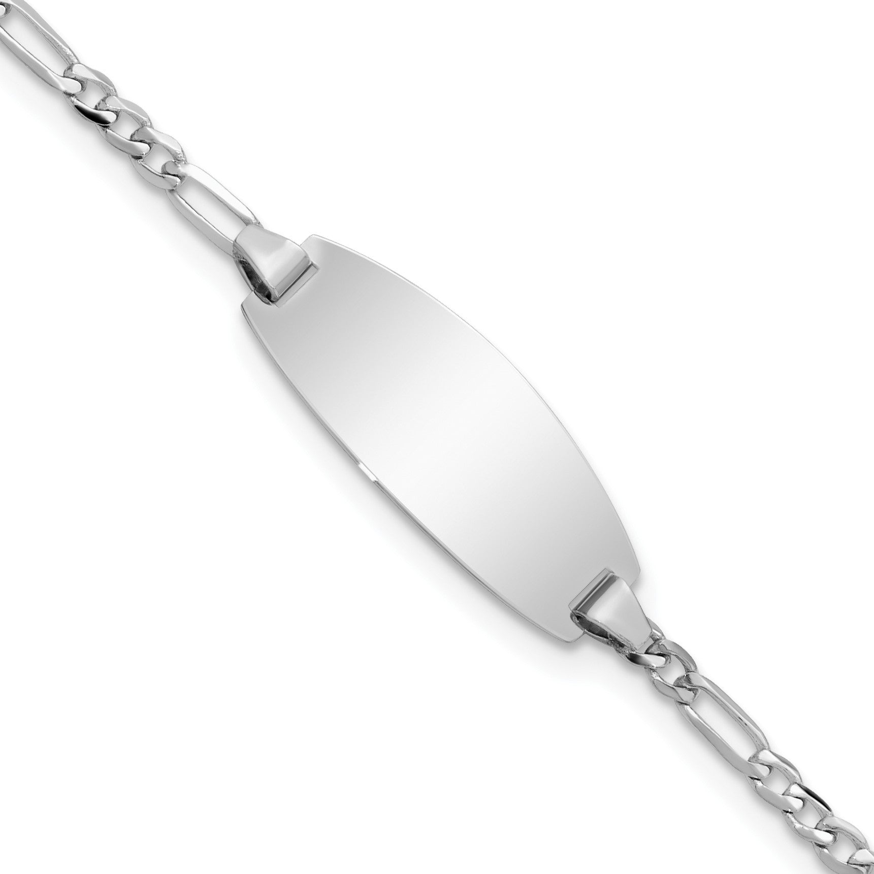 14k White Gold Polished Solid Chain/Solid Plate Figaro Link Oval 18.5x7.5mm Plate 6 inch Baby/Child ID Bracelet