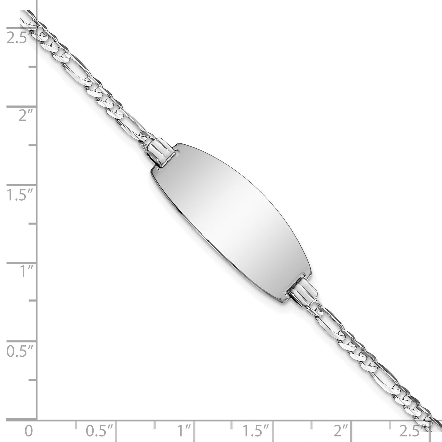 14k White Gold Polished Solid Chain/Solid Plate Figaro Link Oval 24x10.5mm Plate 8 inch ID Bracelet