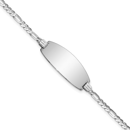 14k White Gold Polished Solid Chain/Solid Plate Figaro Link Oval 24x10.5mm Plate 8 inch ID Bracelet
