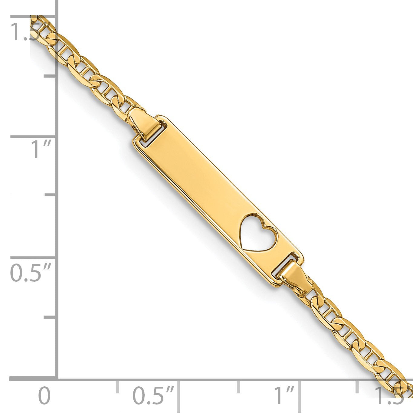 14k Polished Solid Chain/Solid Plate Anchor Link Cut-out Heart 21x5mm Plate 7 inch ID Bracelet