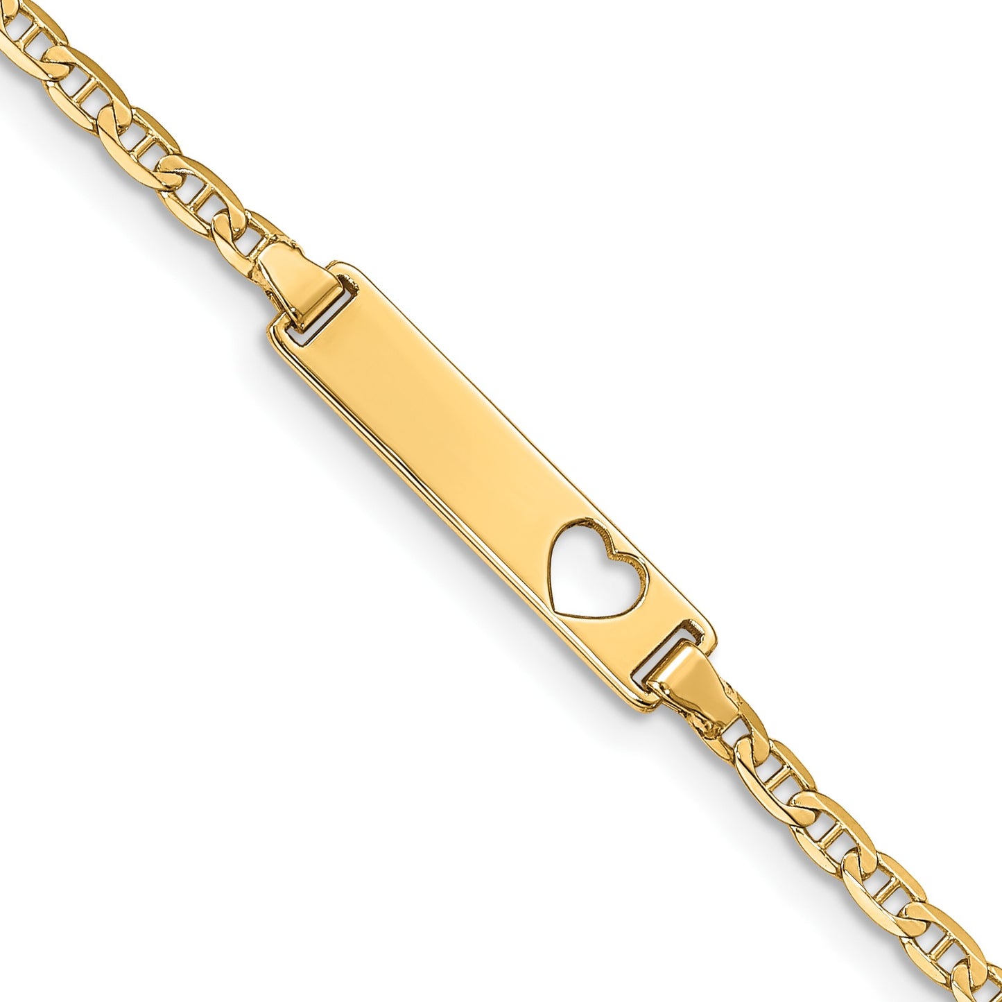 14k Polished Solid Chain/Solid Plate Anchor Link Cut-out Heart 21x5mm Plate 7 inch ID Bracelet