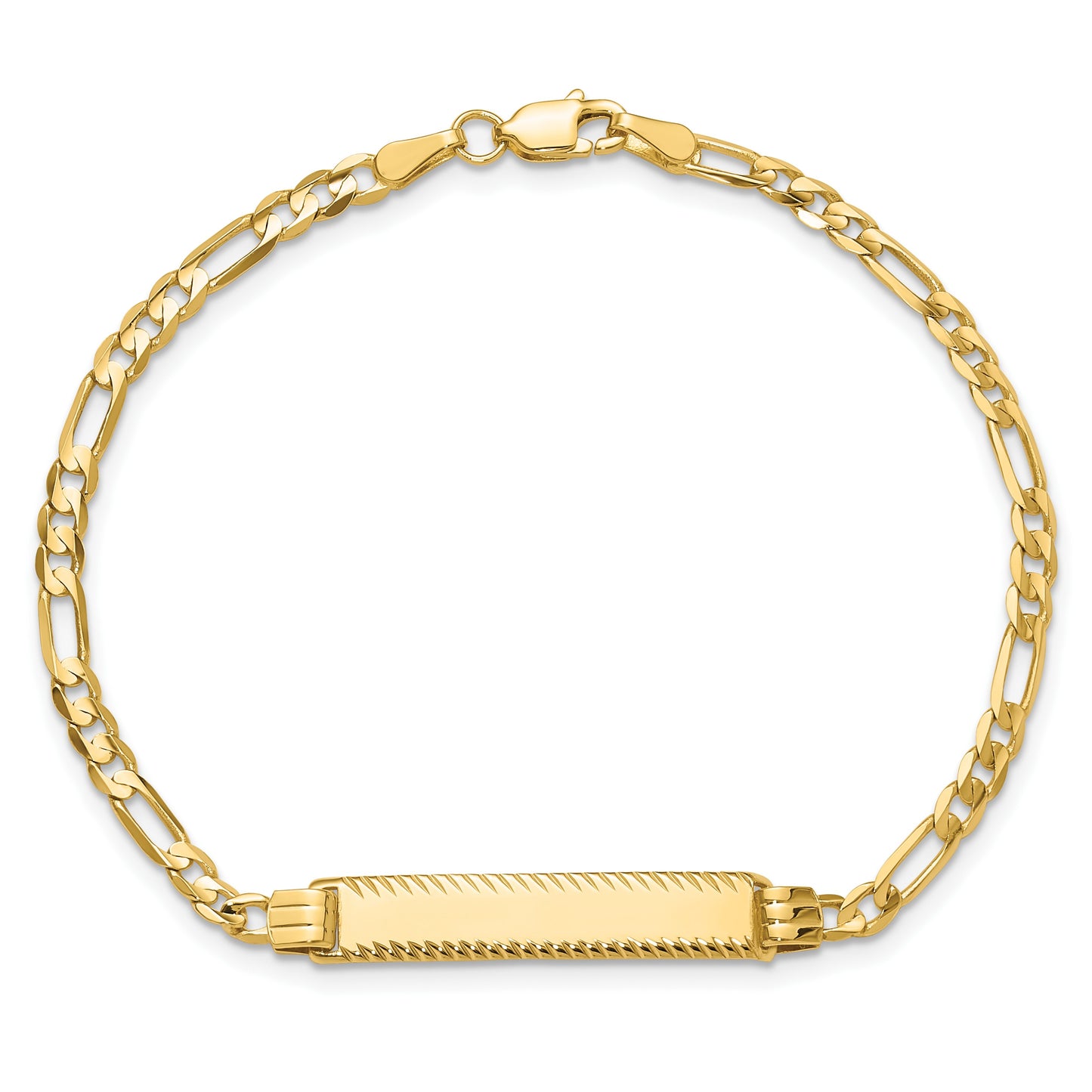 14k Polished Solid Chain/Solid Plate 3.0mm Figaro Link Diamond-cut 27x5.5mm Plate 7 inch ID Bracelet
