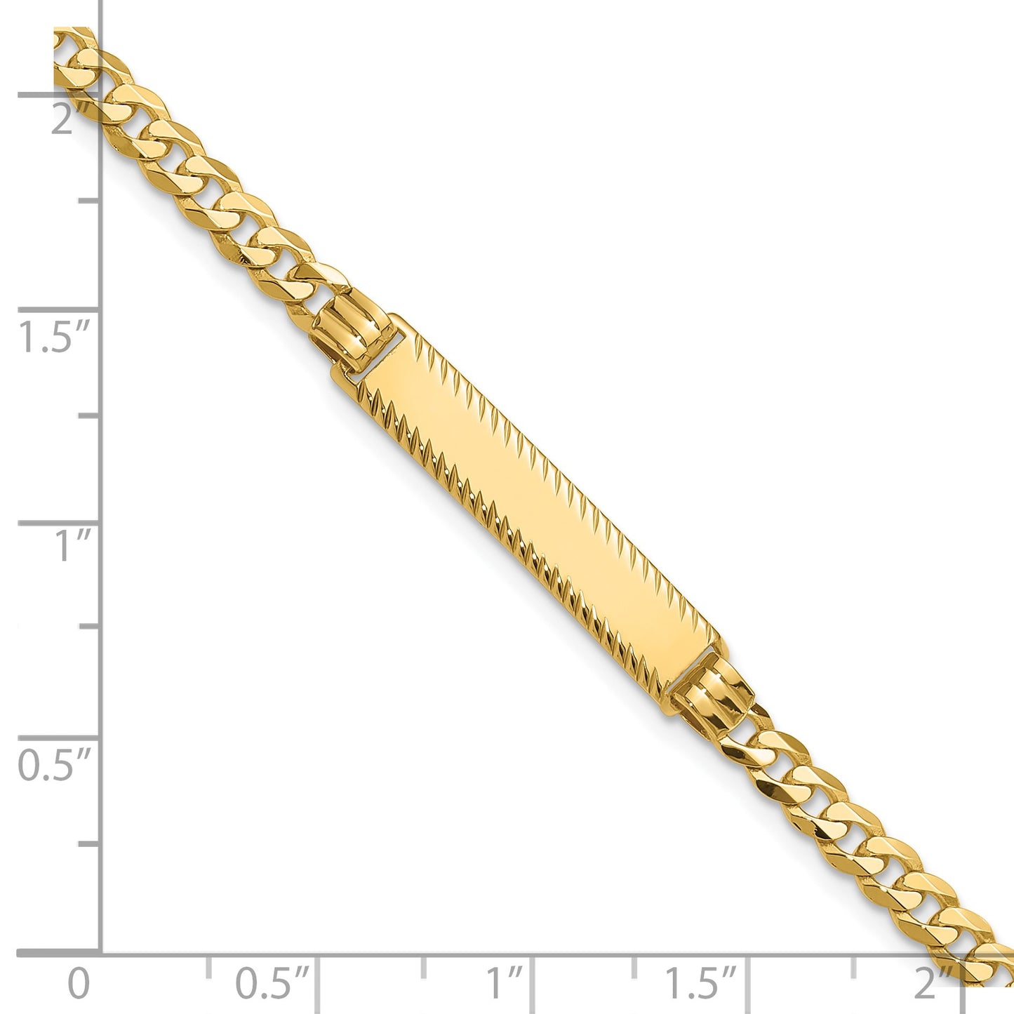 14k Polished Solid Chain/Solid Plate Flat Curb Link Diamond-cut 27x5.5mm Plate 7 inch ID Bracelet