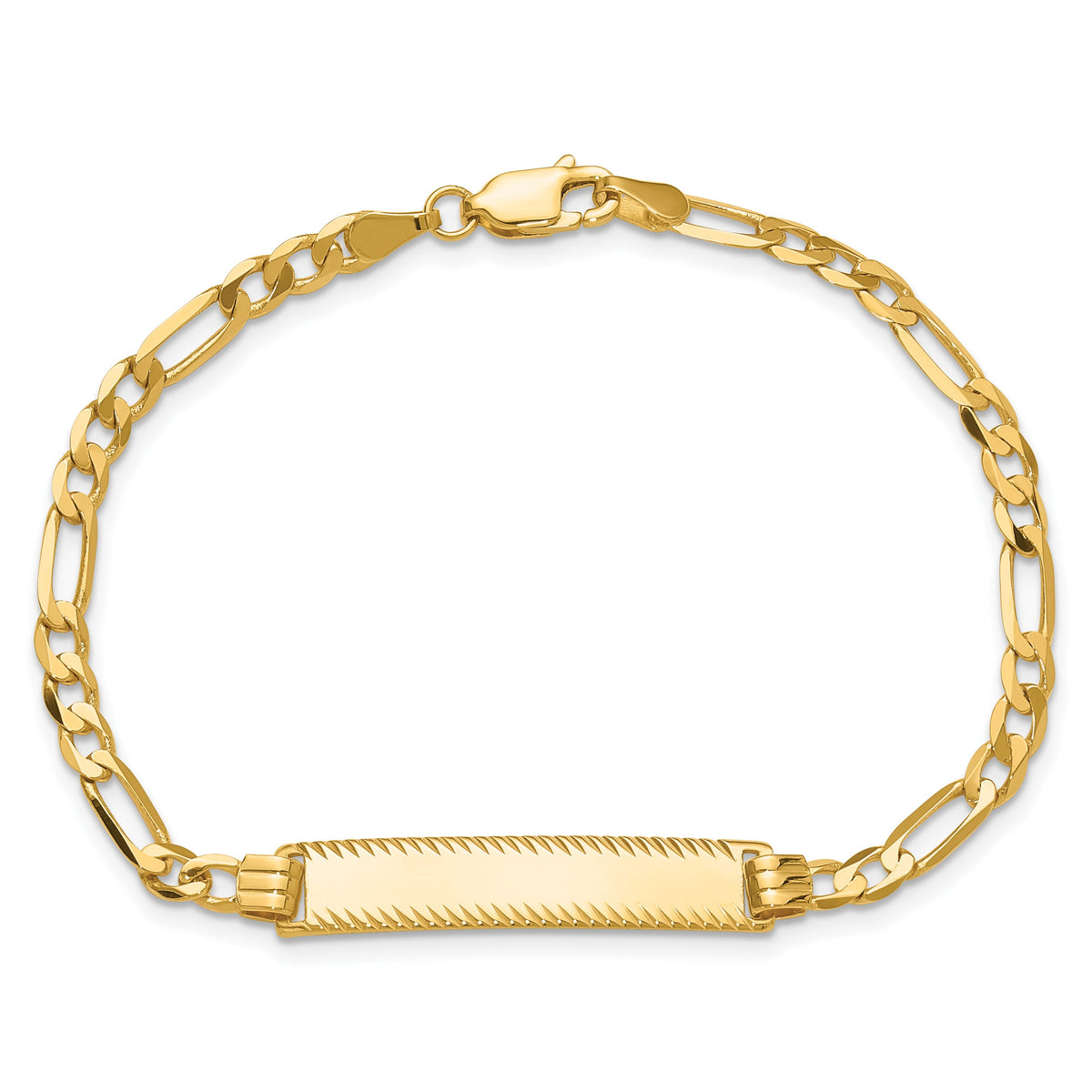 14k Polished Solid Chain/Solid Plate Flat Figaro Link Diamond-cut 29x6.5mm Plate 7 inch ID Bracelet
