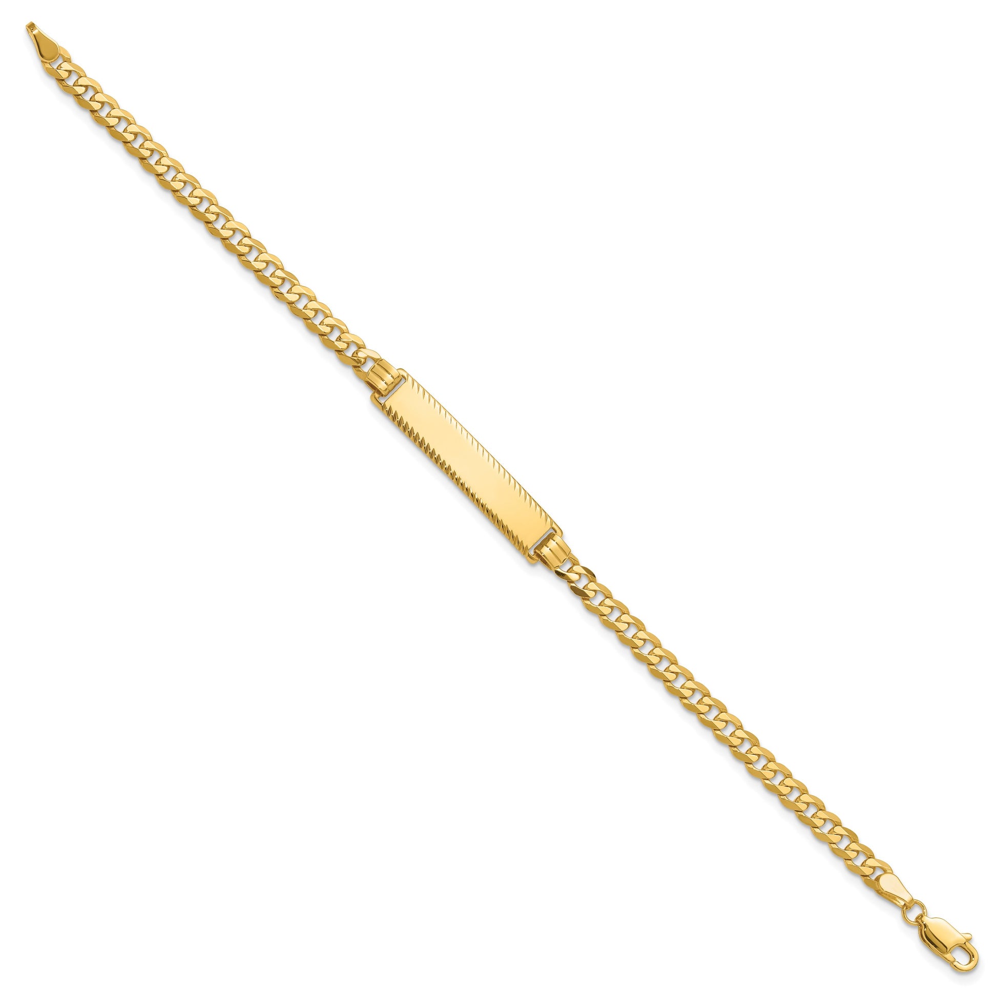 14k Polished Solid Chain/Solid Plate Flat Curb Link Diamond-cut 29x6.5mm Plate 8 inch ID Bracelet