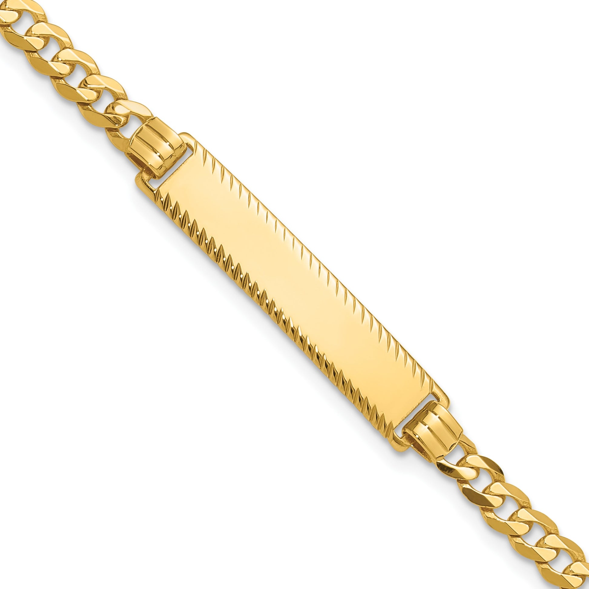 14k Polished Solid Chain/Solid Plate Flat Curb Link Diamond-cut 29x6.5mm Plate 8 inch ID Bracelet