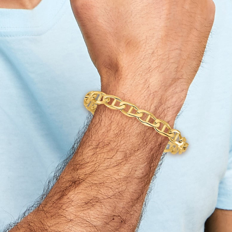 14K 8 inch 9mm Hand Polished Fancy Anchor Link with Fancy Lobster Clasp Bracelet