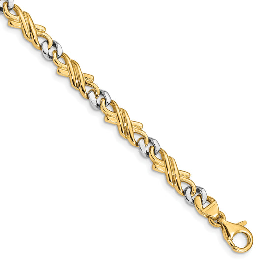 14K Two-tone 7 inch 6mm Hand Hand Polished Fancy Link with Fancy Lobster Clasp Bracelet