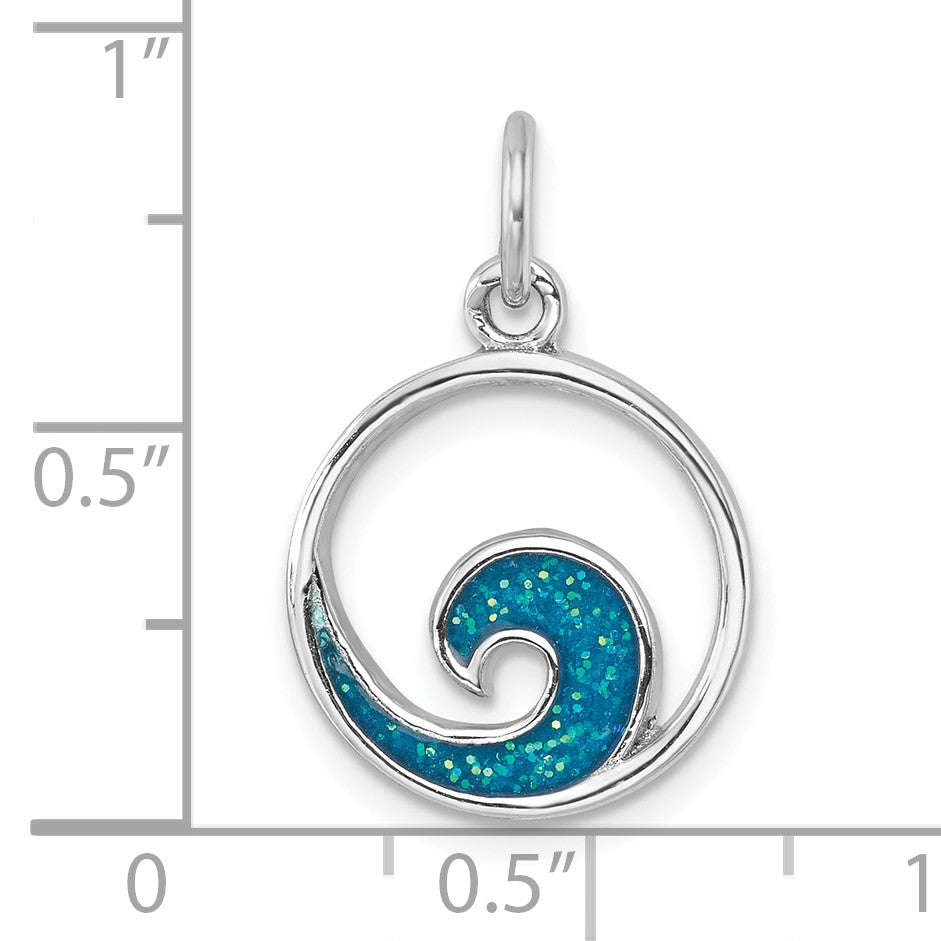 Sterling Silver Rhodium-plated Polished Enameled Wave Pendant