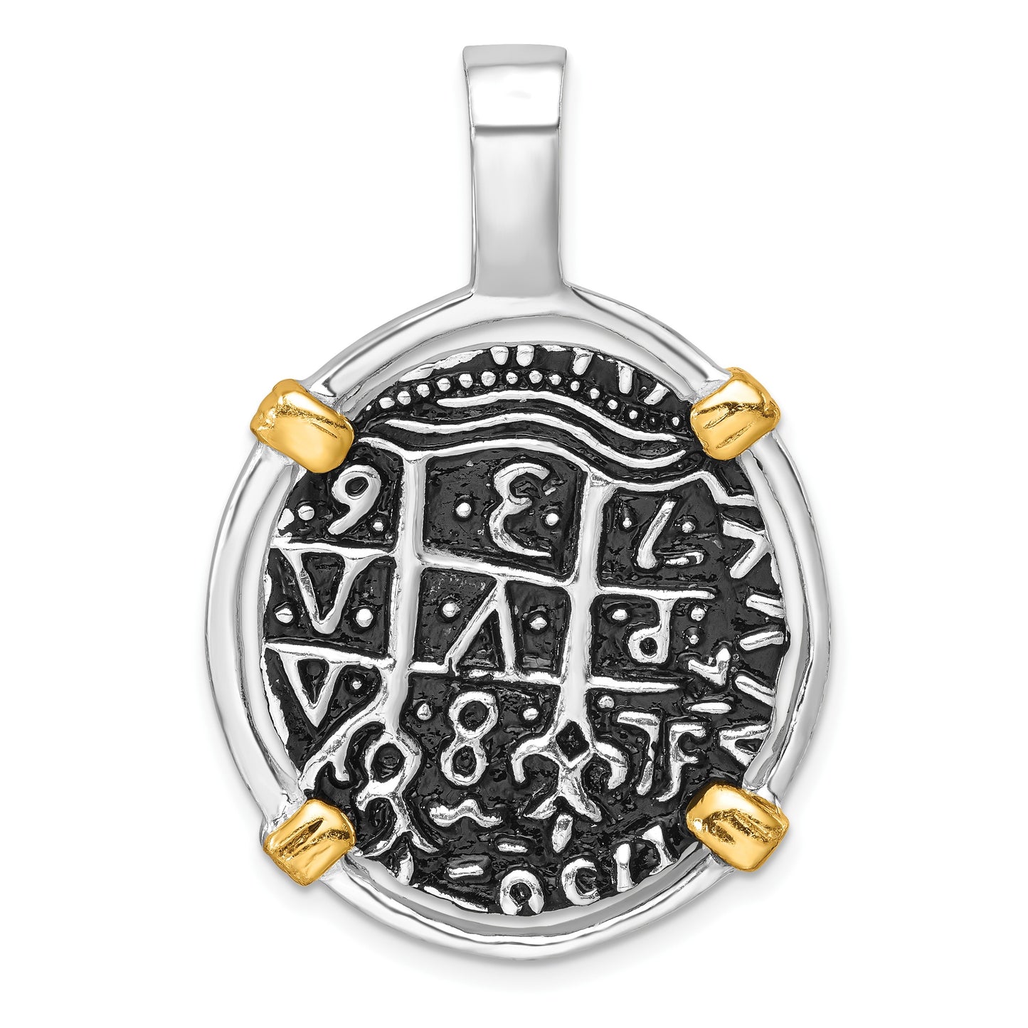 Sterling Silver Rhodium-plated Antiqued Gold-tone Ship Coin Pendant