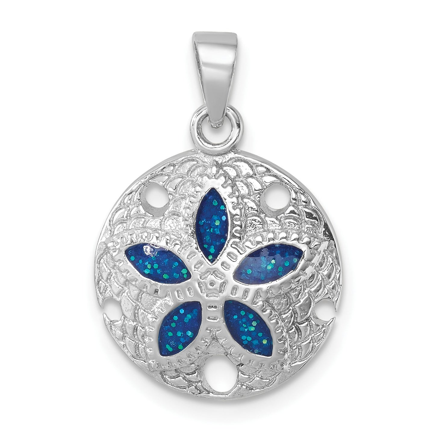 Sterling Silver Rhodium-plated Polished and Textured Enameled Sand Dollar Pendant