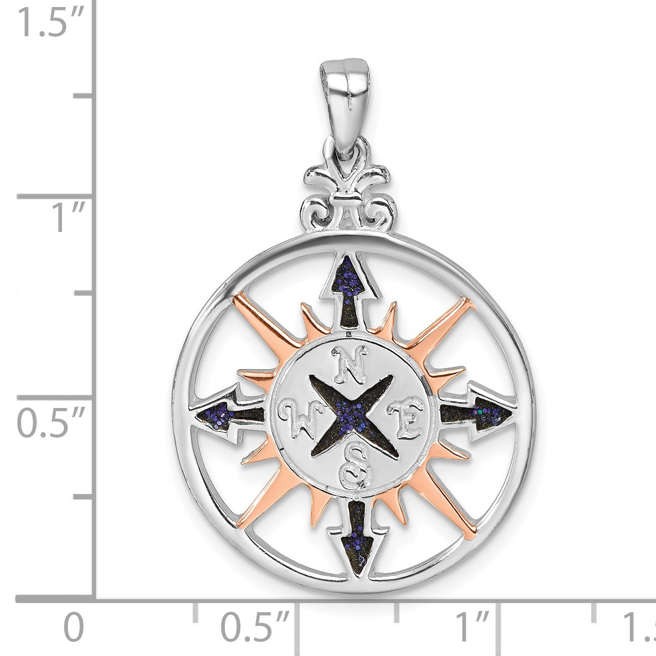 Sterling Silver Rhodium-plated Polished Enameled Compass Rose-tone Pendant