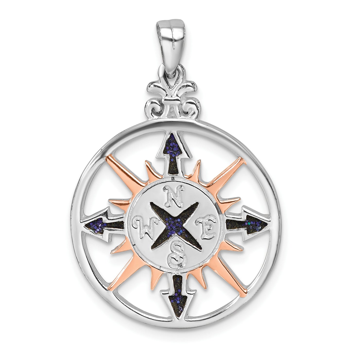 Sterling Silver Rhodium-plated Polished Enameled Compass Rose-tone Pendant