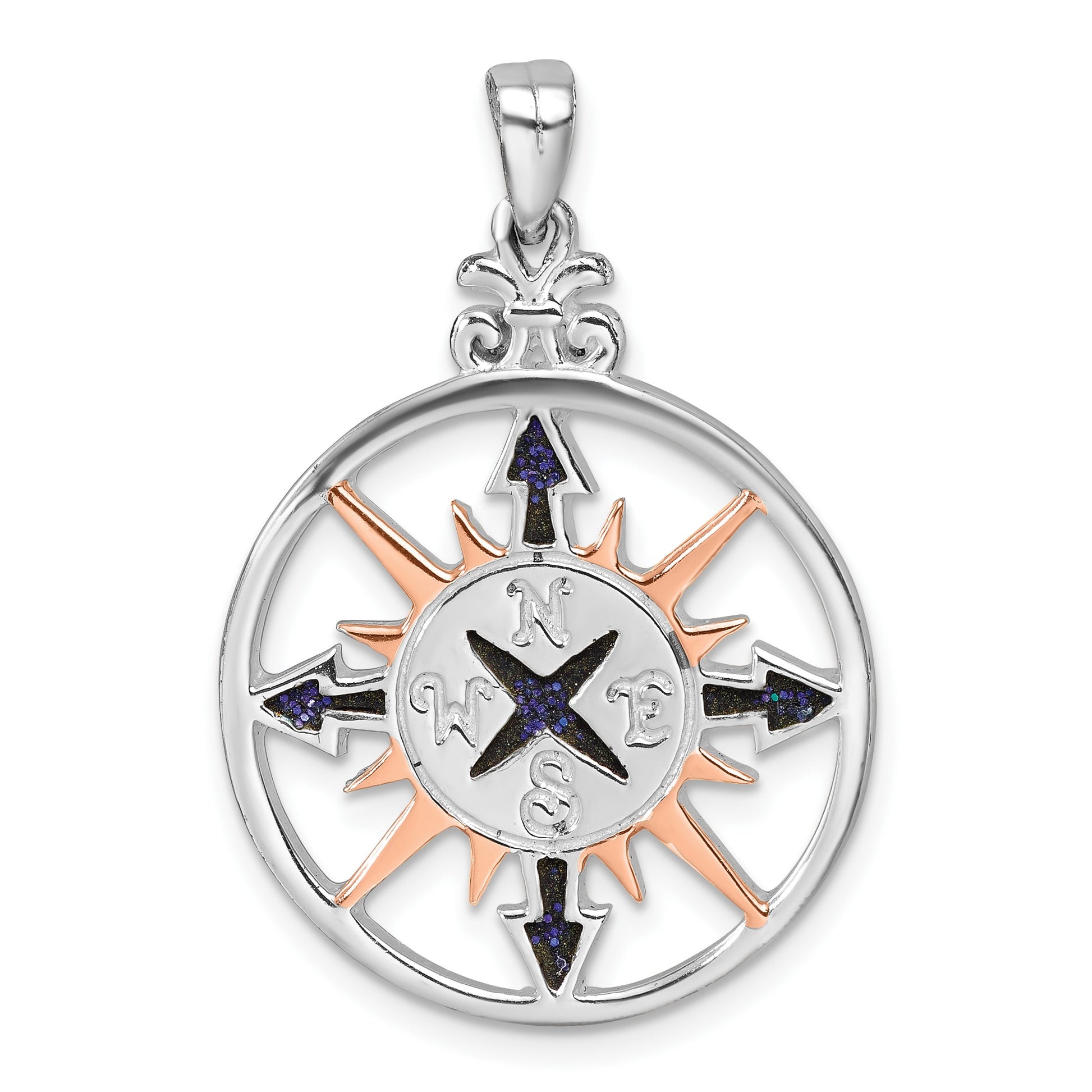 Sterling Silver Rhodium-plated Polished Enameled Compass Rose-tone Pendant