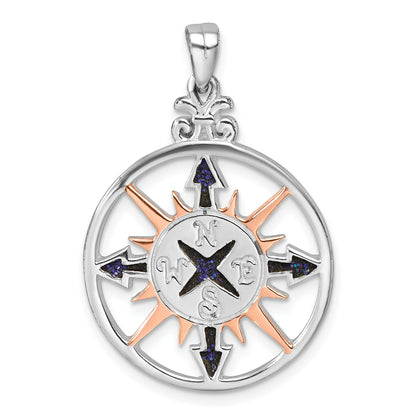 Sterling Silver Rhodium-plated Polished Enameled Compass Rose-tone Pendant