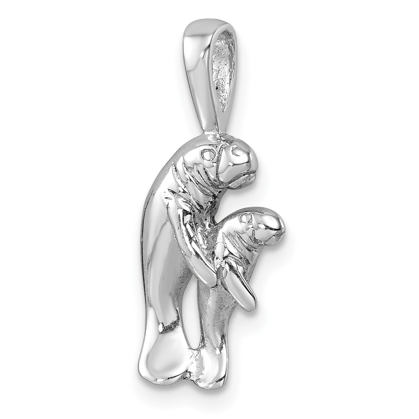Sterling Silver Rhodium-plated Polished Manatee And Baby Pendant