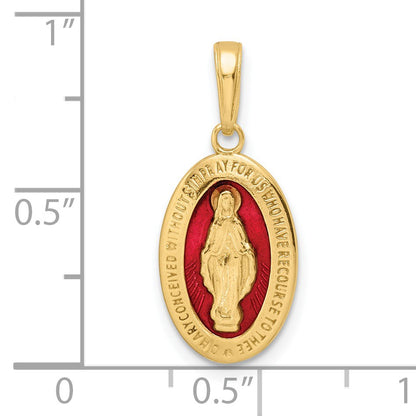 14k Solid Red Enameled Miraculous Medal Oval Pendant