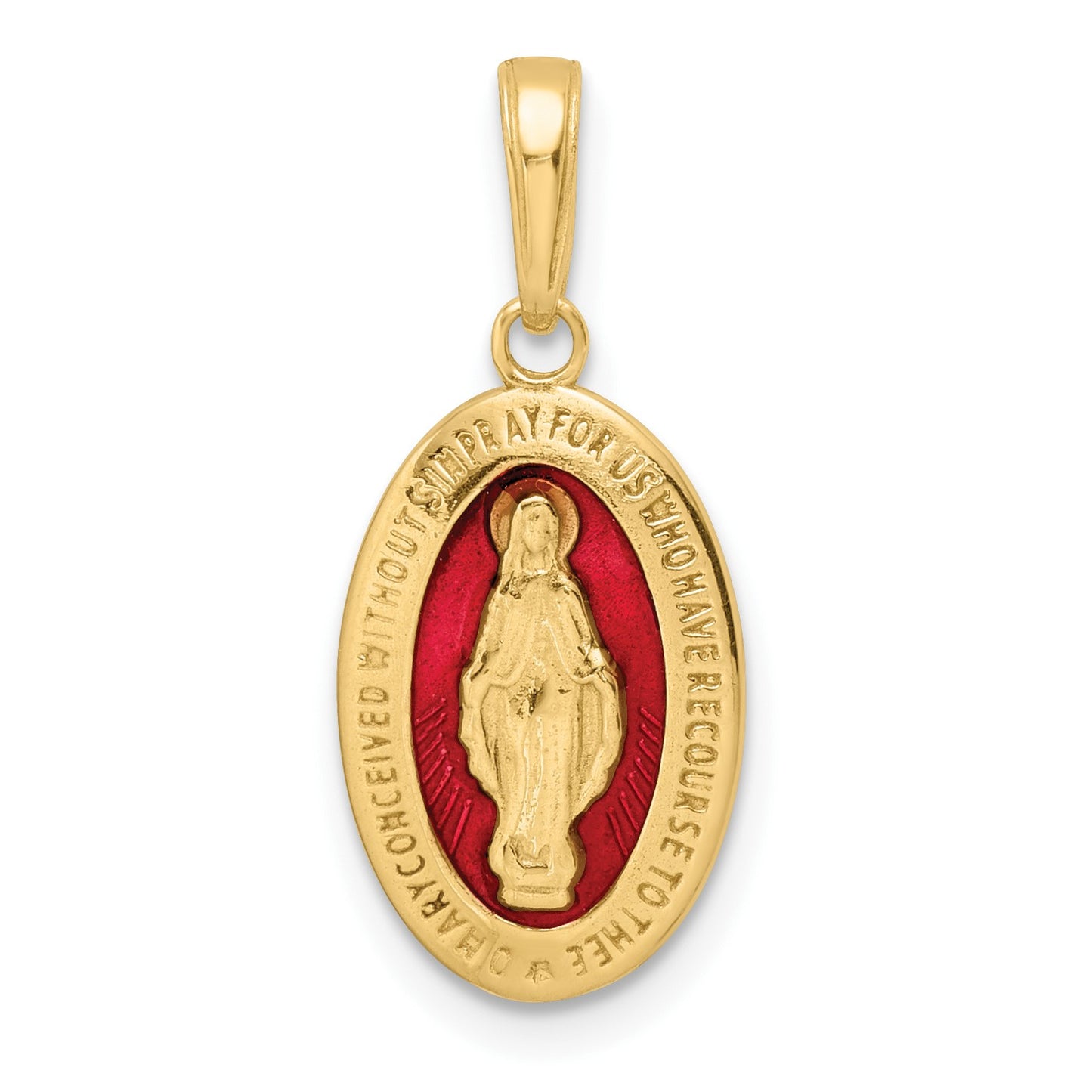 14k Solid Red Enameled Miraculous Medal Oval Pendant