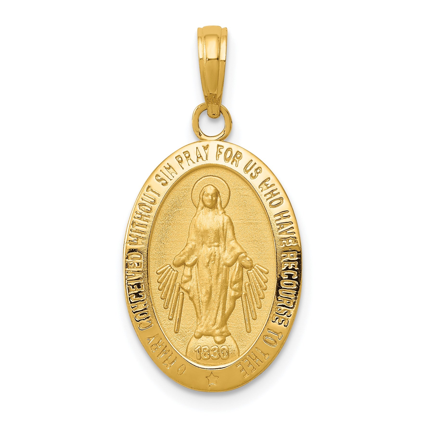 14k Polished and Satin Solid Miraculous Medal Oval Pendant