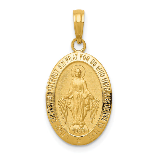 14k Polished and Satin Solid Miraculous Medal Oval Pendant