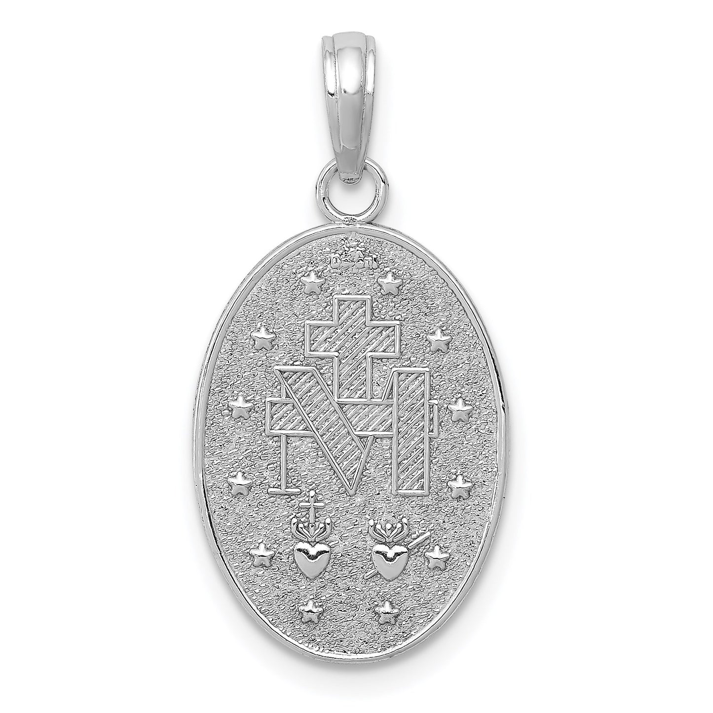 14k White Gold Polished and Satin Solid Miraculous Medal Oval Pendant