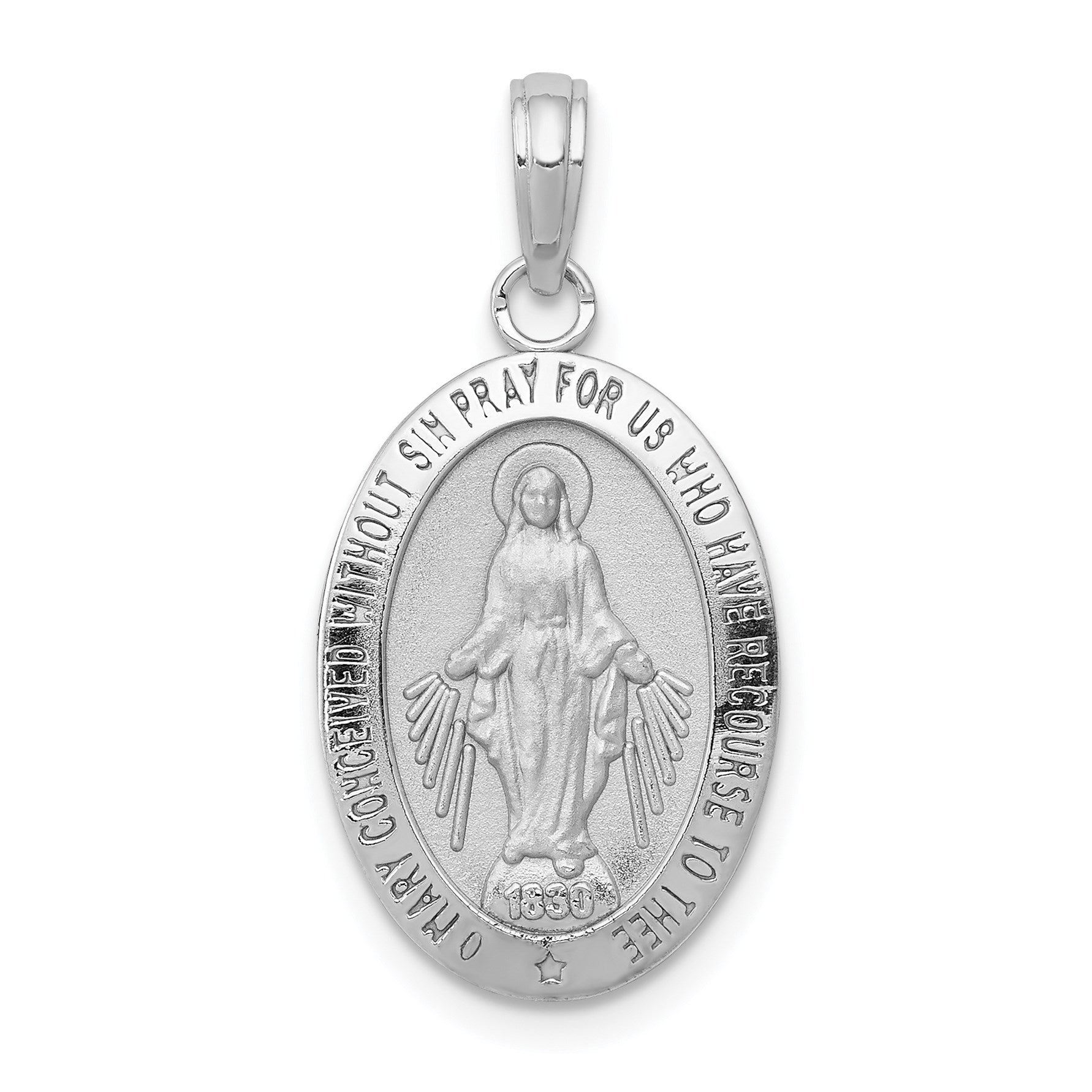 14k White Gold Polished and Satin Solid Miraculous Medal Oval Pendant
