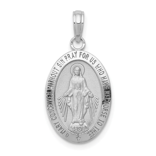 14k White Gold Polished and Satin Solid Miraculous Medal Oval Pendant